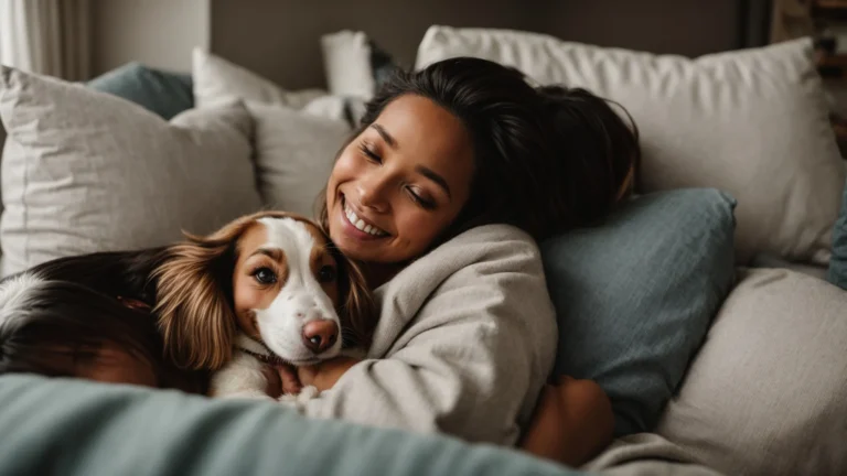 a smiling person cuddling a happy puppy on a cozy sofa.