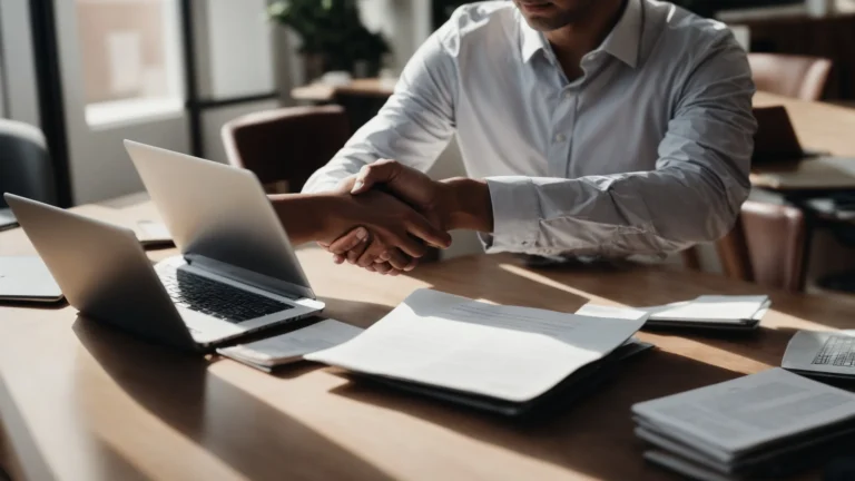 two professionals shaking hands across a table with laptops and marketing strategy papers.