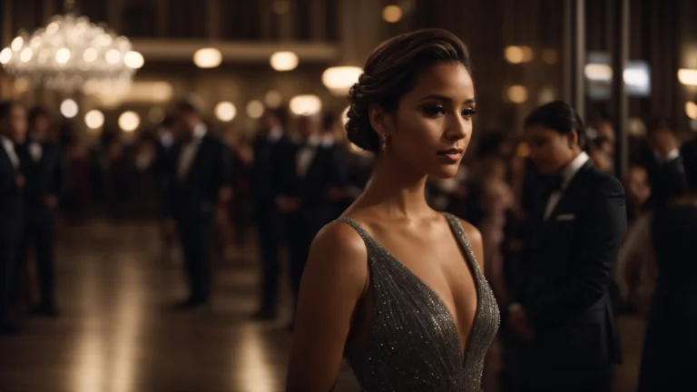 a woman confidently stands in an elegant, sleek dress that transitions seamlessly  from a professional setting to an evening gala.