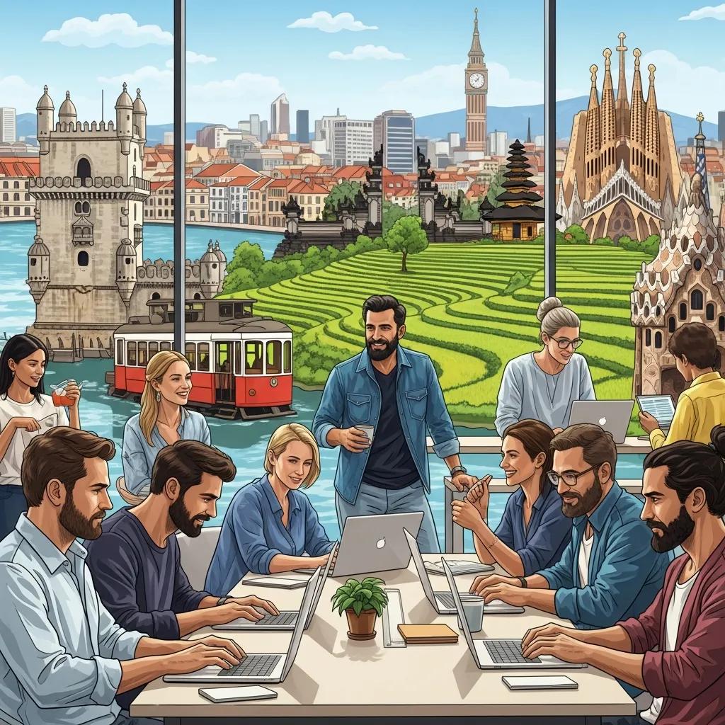 Remote workers collaborating in a modern coworking space with cityscapes of Lisbon, Bali, and Barcelona
