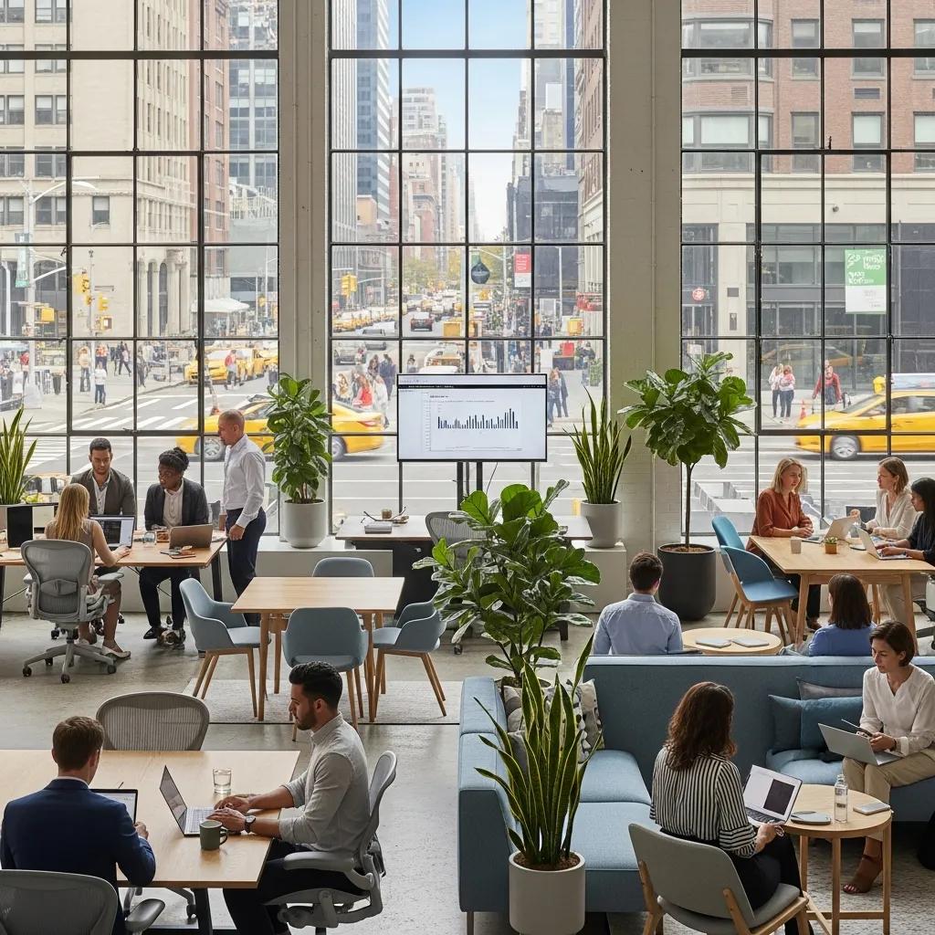Stylish urban coworking space with professionals working and a city street view