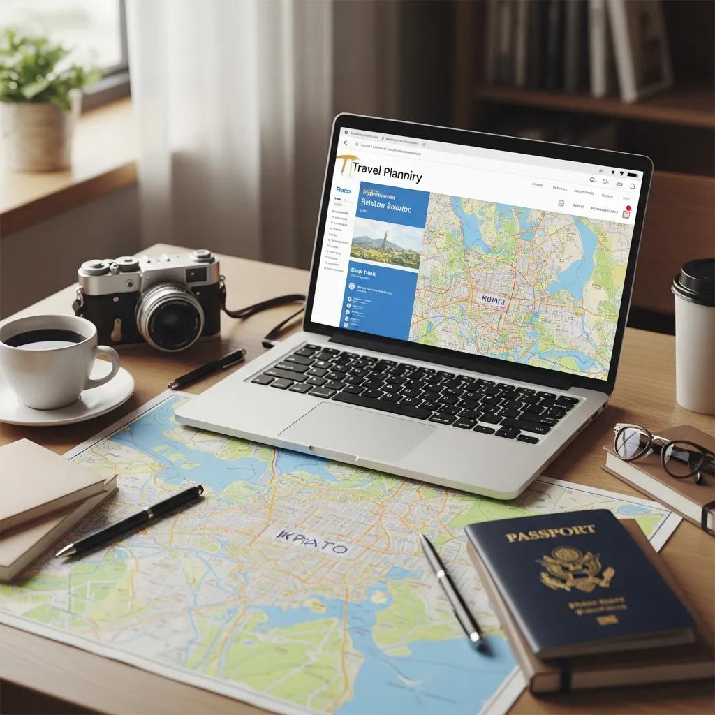 Travel itinerary planner with a laptop, city map, and travel essentials on a table