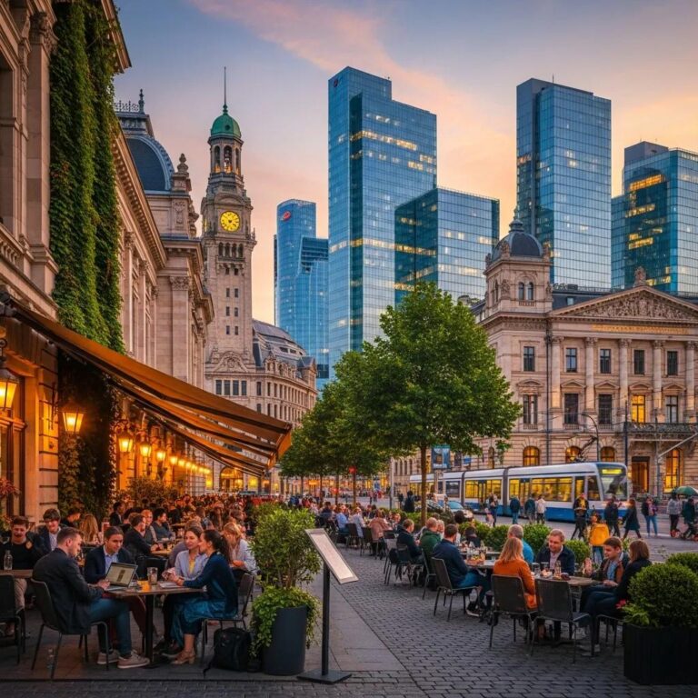 Vibrant cityscape with people working remotely in outdoor cafes, representing urban adventure and remote work